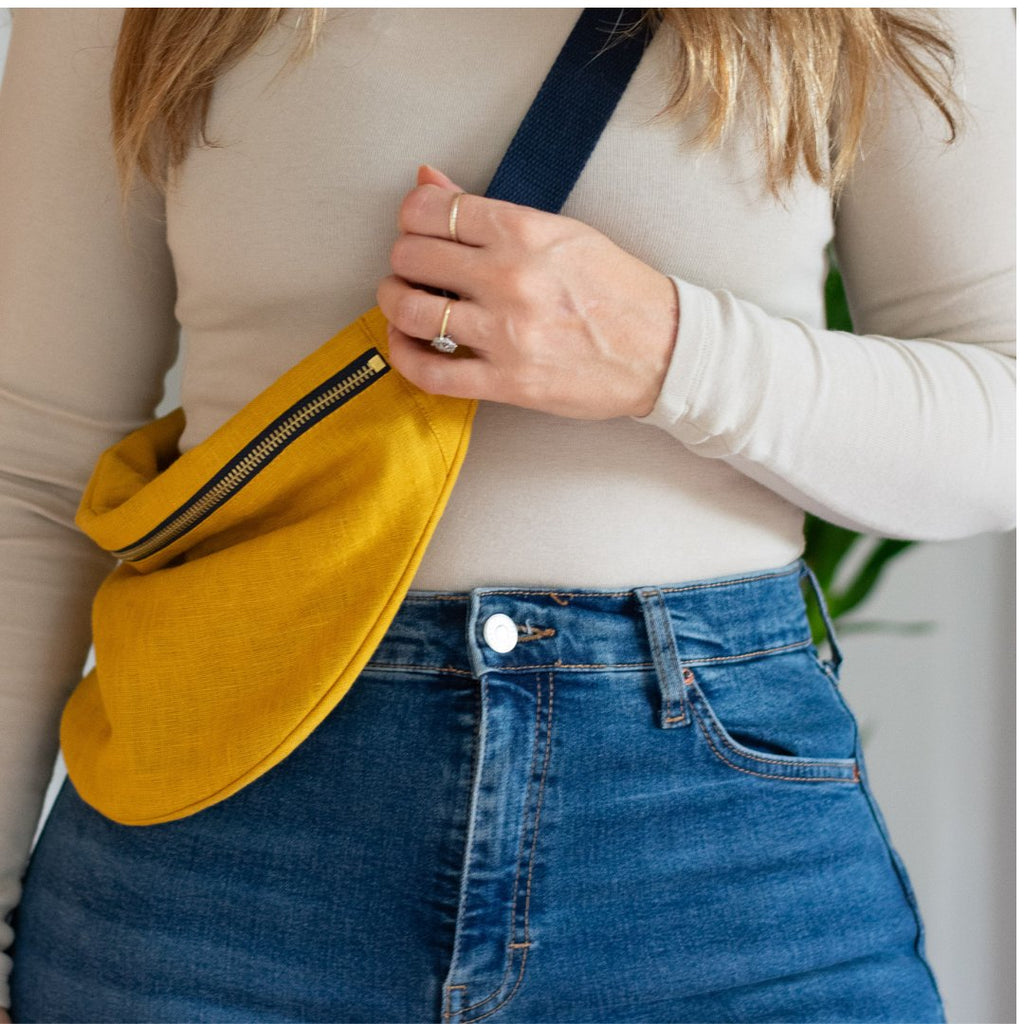 Mustard Yellow Linen Cross Body Bag with Dark Blue Adjustable Strap and contrasting zip from Helen Round