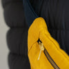 Mustard Yellow Linen Body Bag Woven Adjustable Strap and dark blue zip from Helen Round