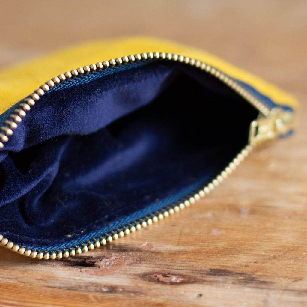 Dark Blue velvet lining, and zip inside Mustard Linen Pouch from Helen Round
