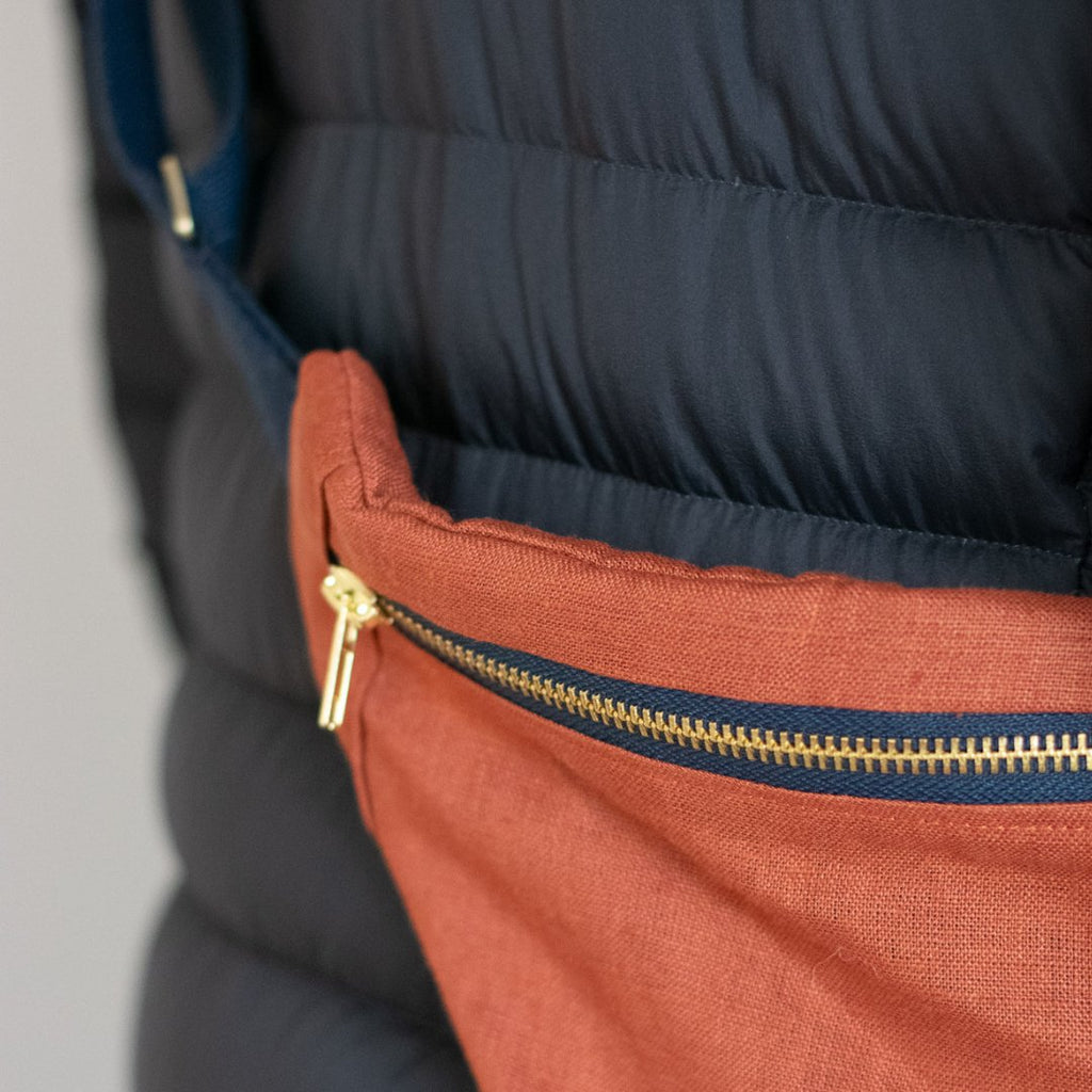 Rust Coloured Linen Body Bag with dark blue zip from Helen Round