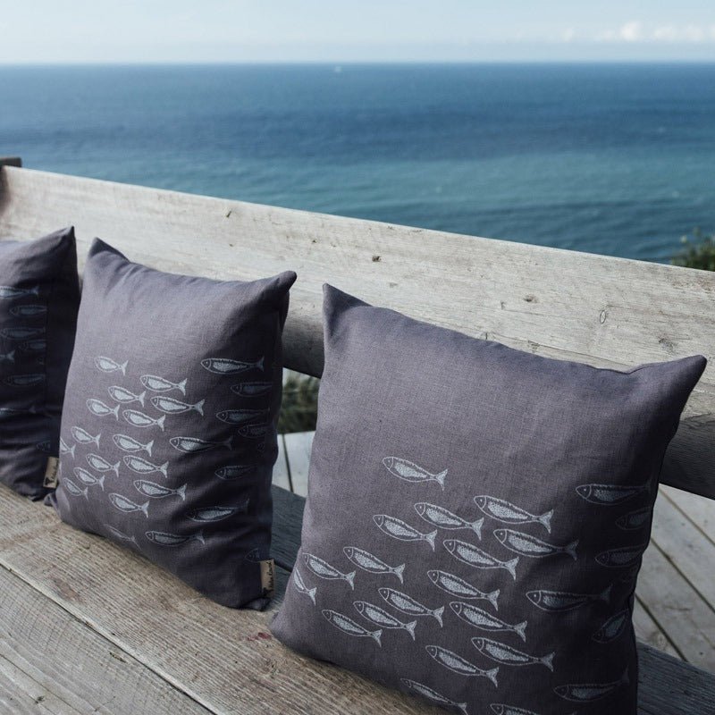slate grey Quayside linen cushion with fish