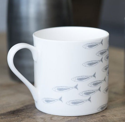 White Fine Bone China Mug with Grey Fish Shoal from the Quayside Collection by Helen Round