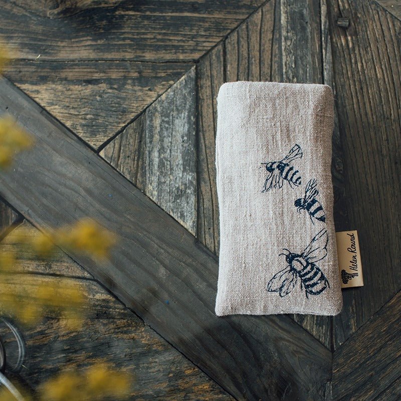 natural linen fabric bee glasses case with bees