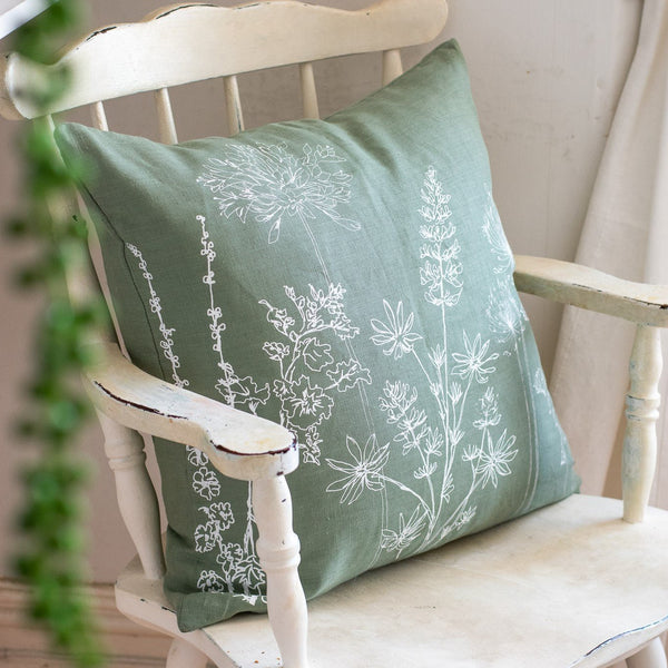 Sage Green Pure Linen Floral Cushion hand printed in white with the design from the Garden Collection by Helen Round