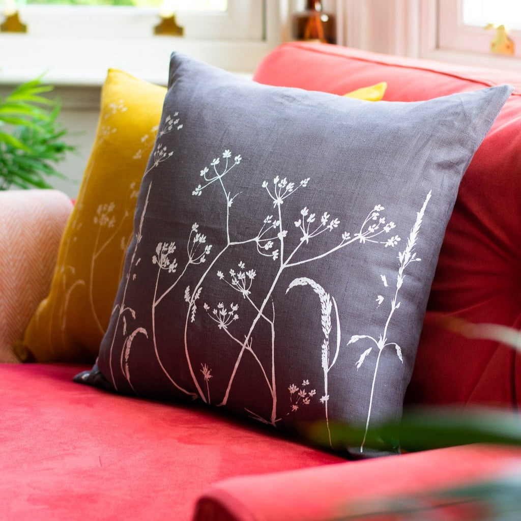 Slate Grey Pure Linen Floral Cushion hand printed in white with the design from the Hedgerow Collection by Helen Round