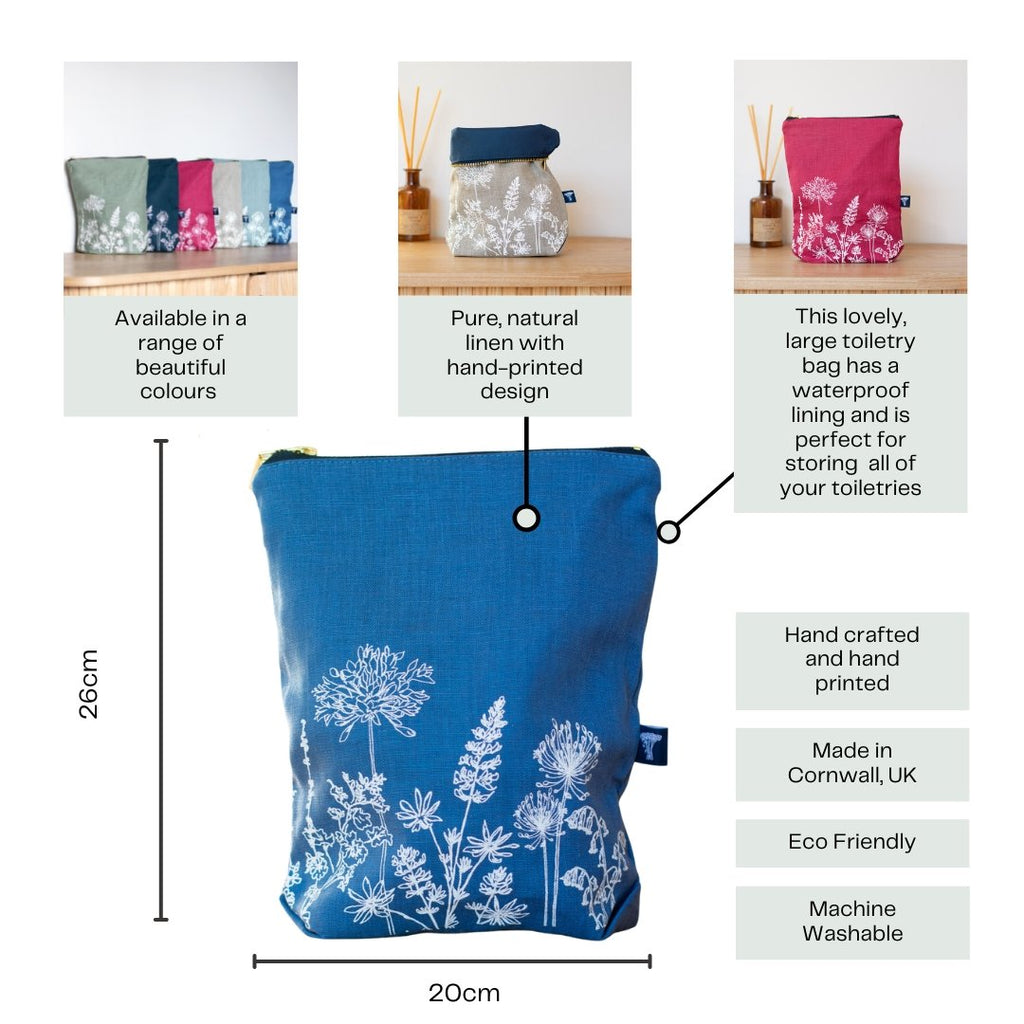 lnfographic of Linen Toiletry Bags from the Garden Collection by Helen Round
