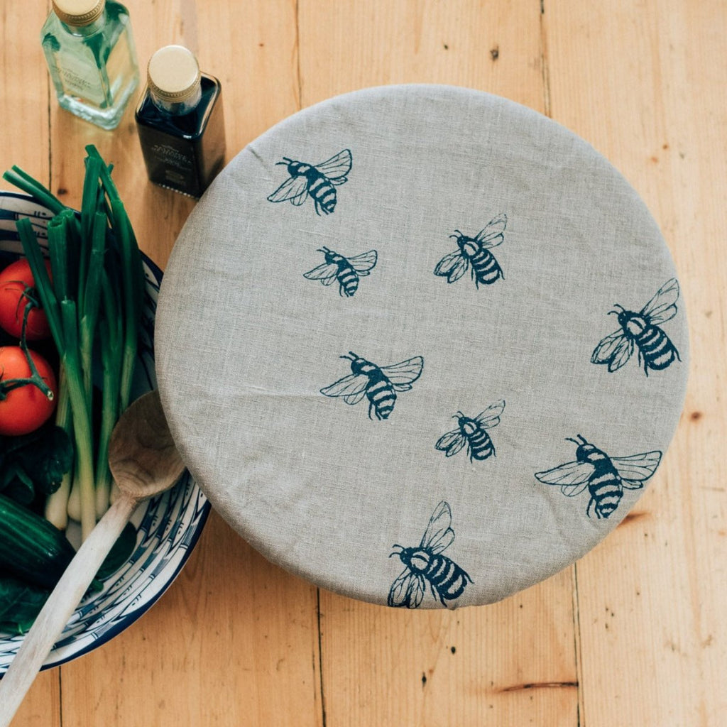 Large Bee design Linen Bowl Cover, great for covering bread dough from the HoneyBee Collection by Helen Round