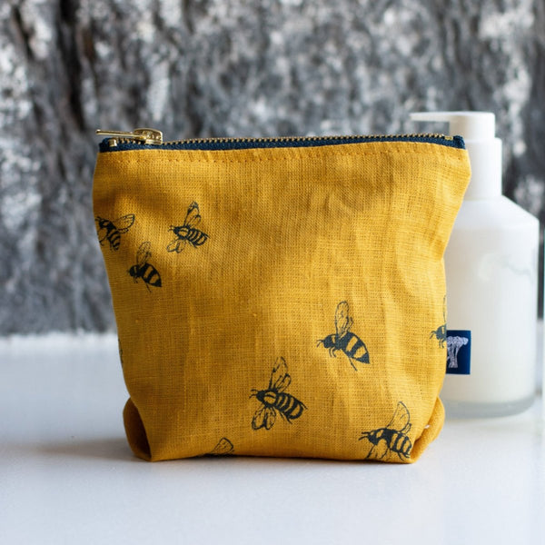 Mustard Linen Makeup Bag with Bee Design from the Honey Bee Collection by Helen Round