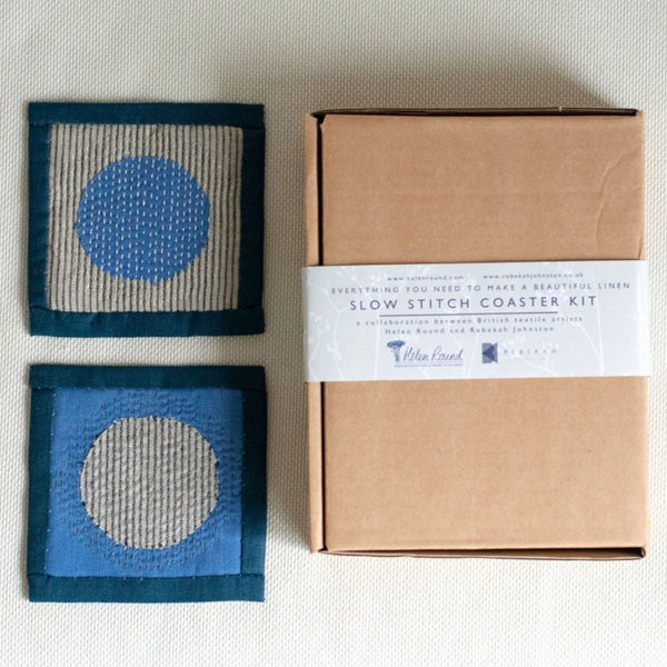 Blue Slow Stitch Coaster Kit with box by Rebekah Johnston for Helen Round 