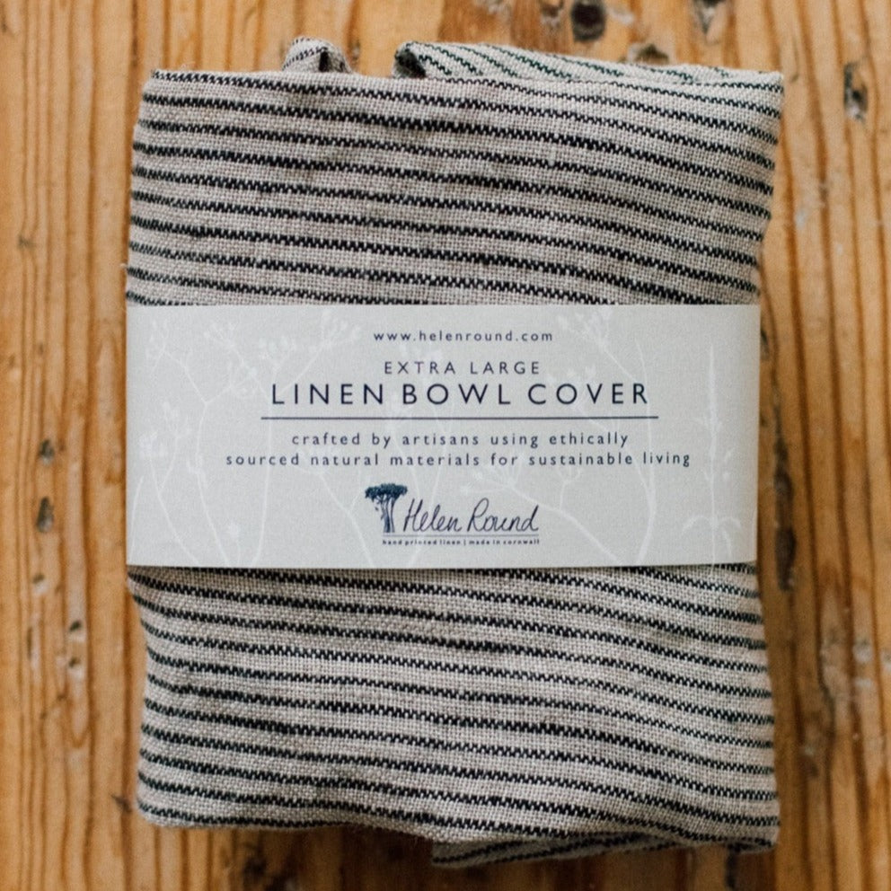 Extra Large Linen Bowl Cover with Natural and Navy Stripe