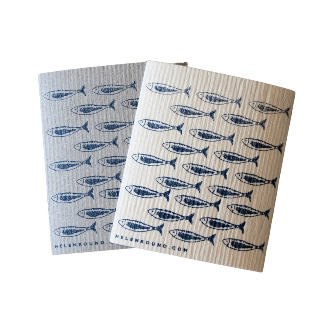 Grey and White Set of Two Eco Sponge Cloths with Fish Design from the Quayside Collection by Helen Round