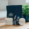 Navy Linen Makeup bag with bamboo face cloth and bamboo face wipes and soap bar