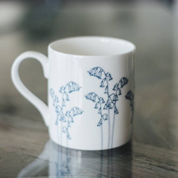 White Fine Bone China Mug decorated with Bluebells from the Bluebell Collection by Helen Round. Dishwasher safe.