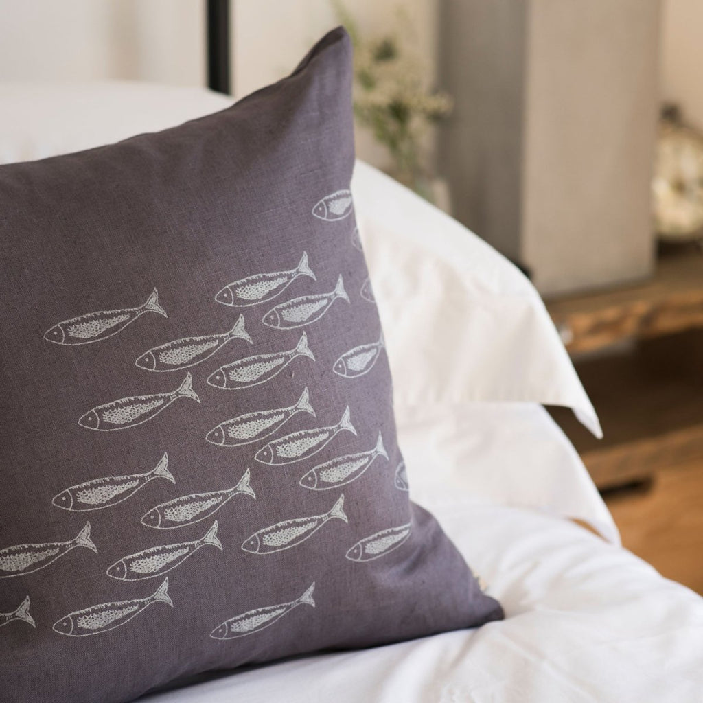 grey fish cushion linen silver fish design