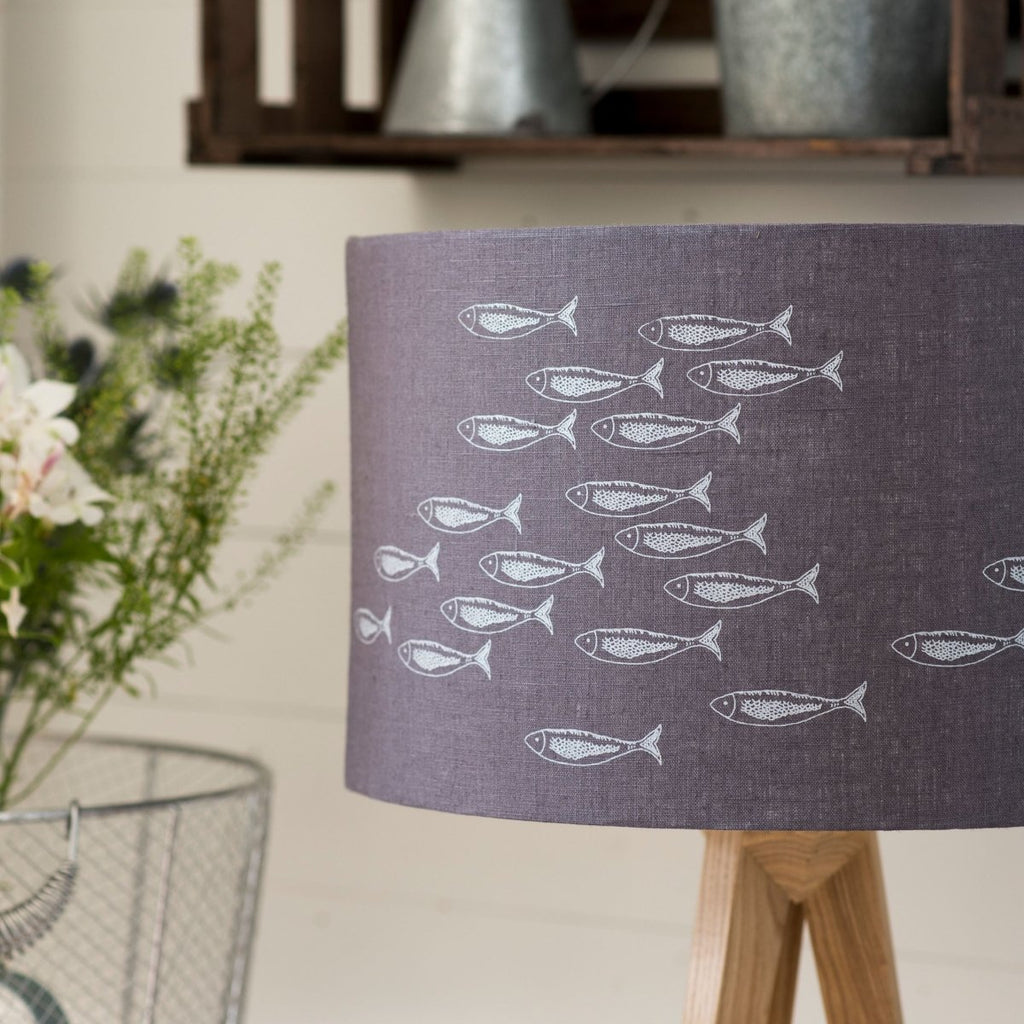 grey linen fish lampshade with silver fish hand printed 30cm
