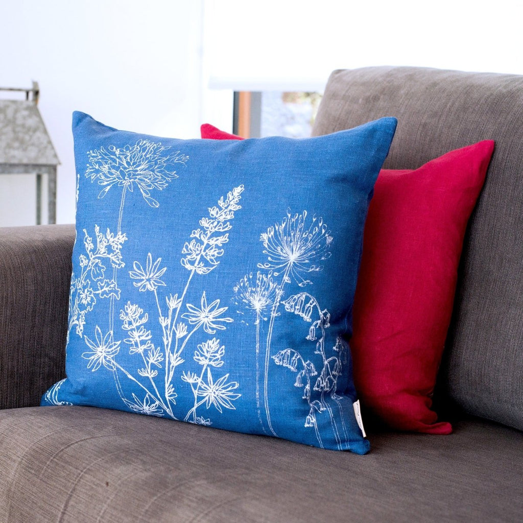 Floral cushion in indigo blue pure linen hand printed in white with the design from the Garden Collection by Helen Round
