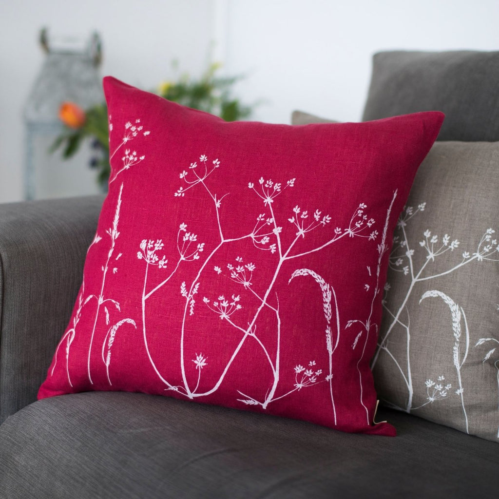 Raspberry Red Pure Linen Floral Cushion hand printed in white with the design from the Hedgerow Collection by Helen Round