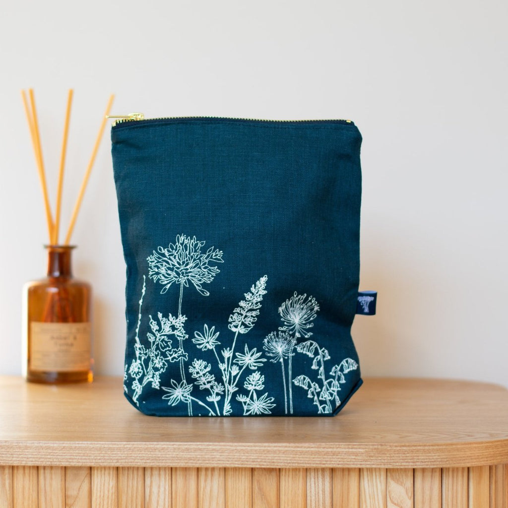 Navy Blue Linen Toiletry Bag from the Garden Collection by Helen Round