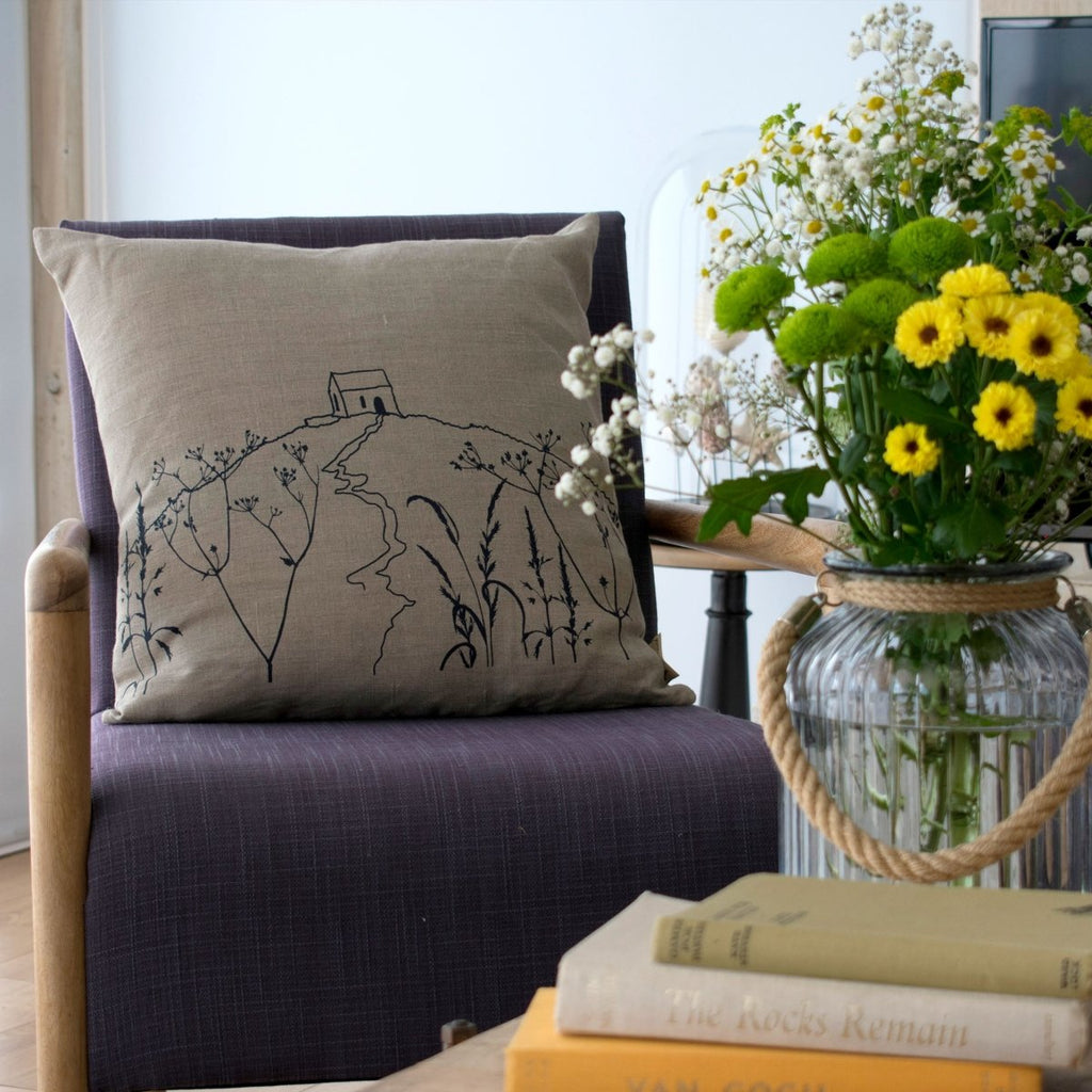 Natural Linen Cushion hand printed in blue with the design from the Rame Head Collection by Helen Round