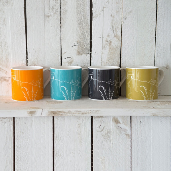 Rame Head mug collection of four bone china mugs, orange, blue, dark grey and green from Helen Round