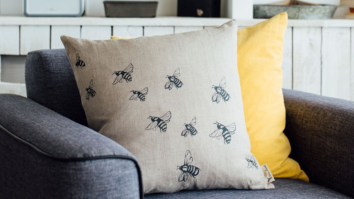 Bee and Mustard Linen Cushions from Helen Round