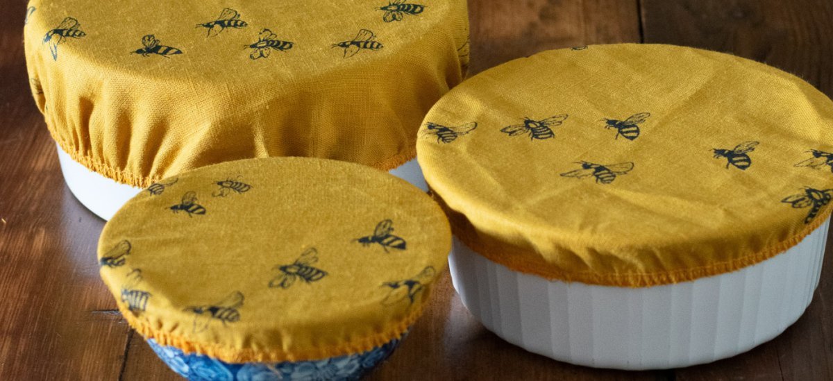 Mustard Linen Bowl Covers, Set of Three, with Bee Design from the Honey Bee Collection by Helen Round