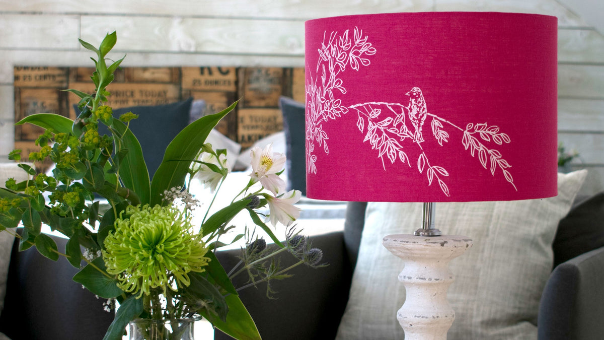 Raspberry Red Lampshade from the Bird Song Collection by Helen Round
