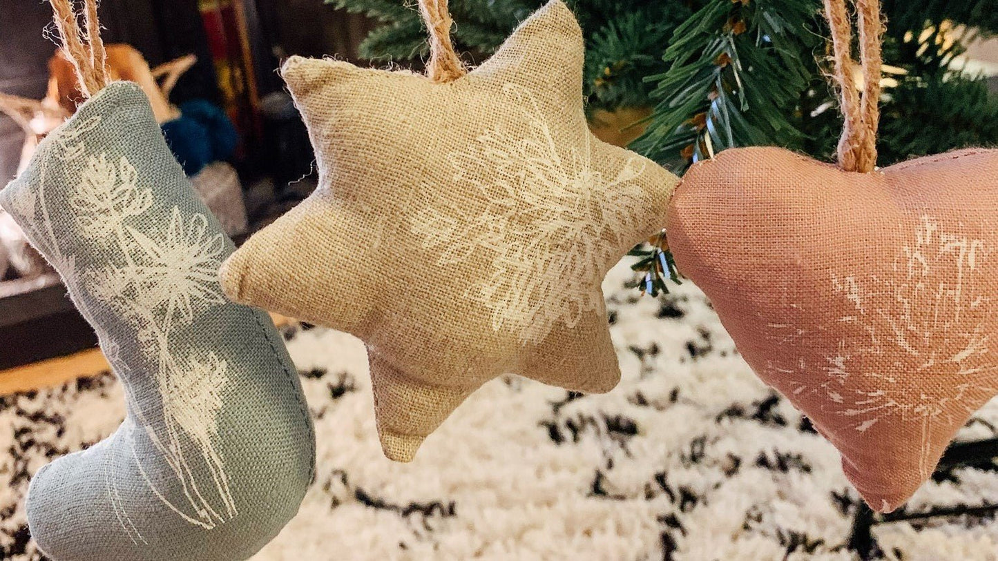 Handmade Chrristmas Decorations using fabric scraps from Screen Printed Linen by Helen Round