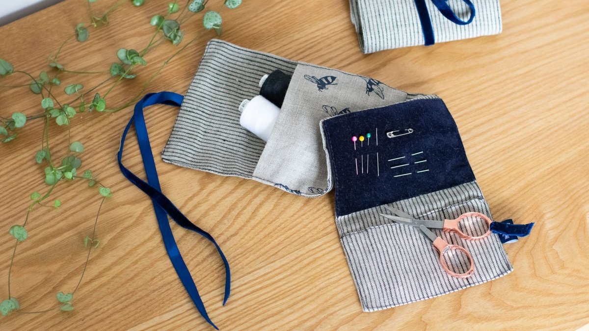 Folding Striped Linen Sewing Kit With Notions