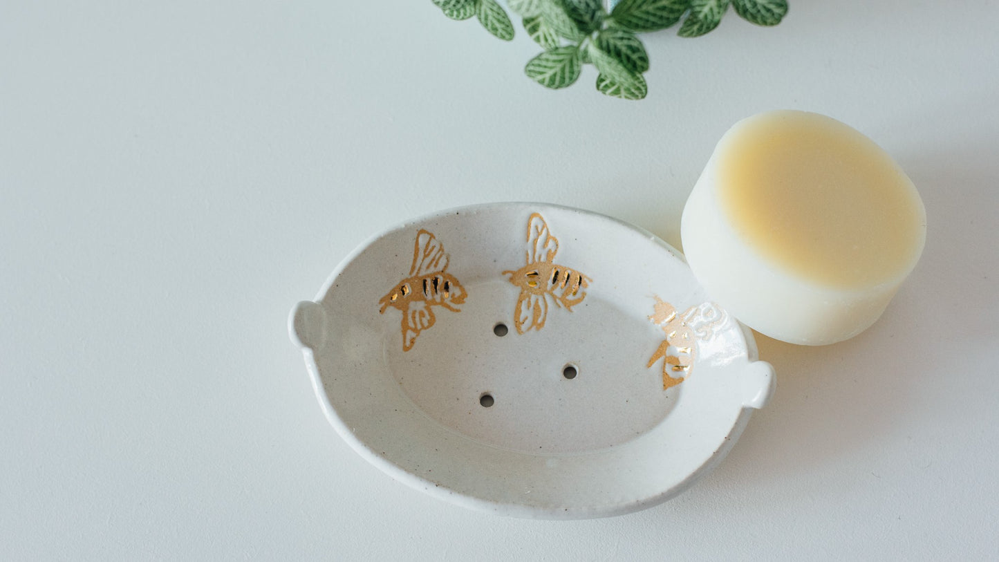 White Ceramic Soap Dish with Gold Honey Bees and Citrus and Sea Salt Soap