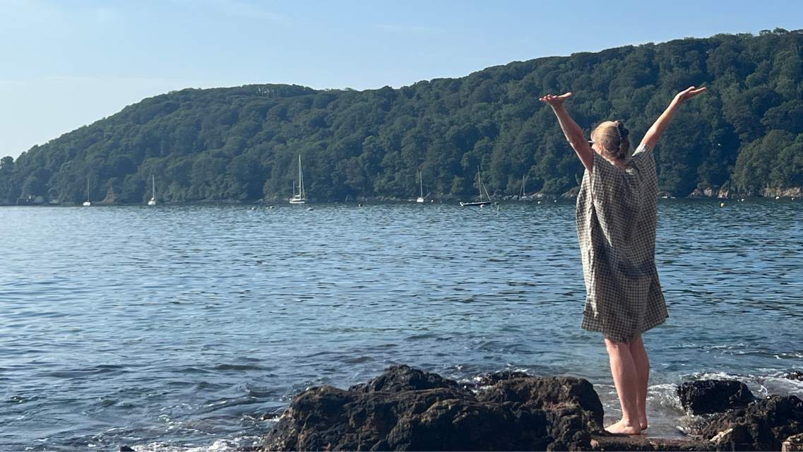 Handmade linen beach robe in sea green check linen by Helen Round Cornwall