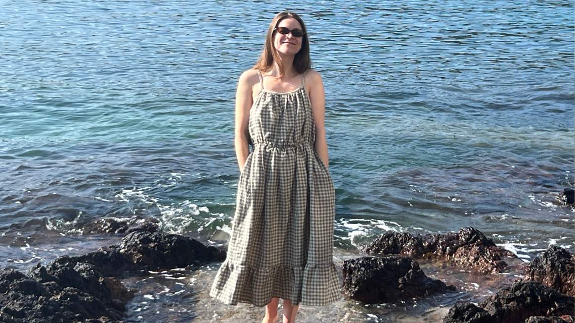 Handmade linen summer dress in sea green check linen by Helen Round Cornwall