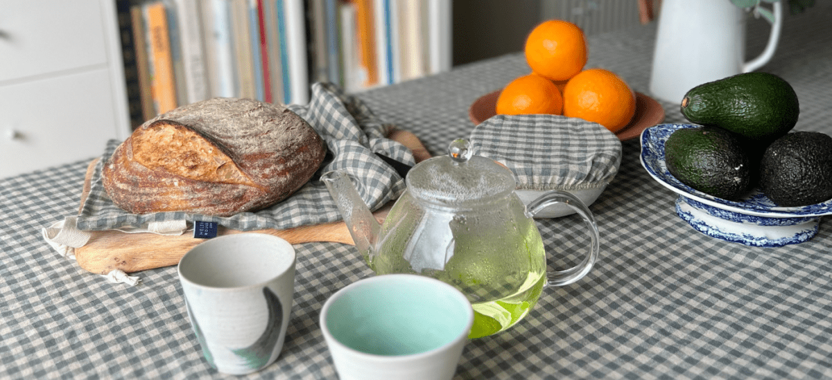 Lemon Verbena Herbal Tea in a Glass Teapot with Sea Green Check Linen by Helen Round