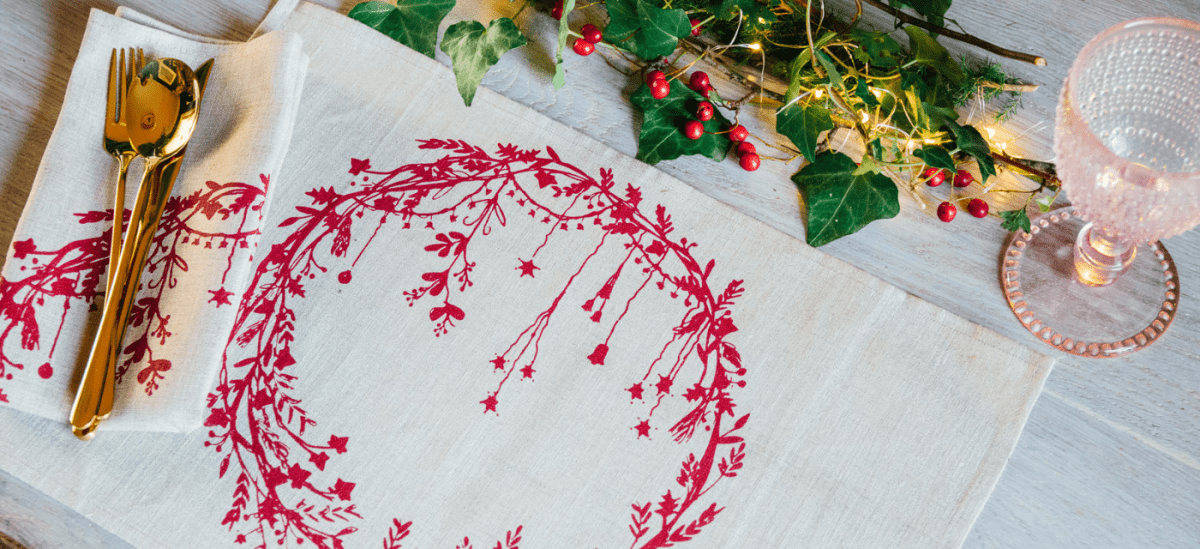Linen Hand Printed Christmas Wreath Placemat and Napkin from Helen Round