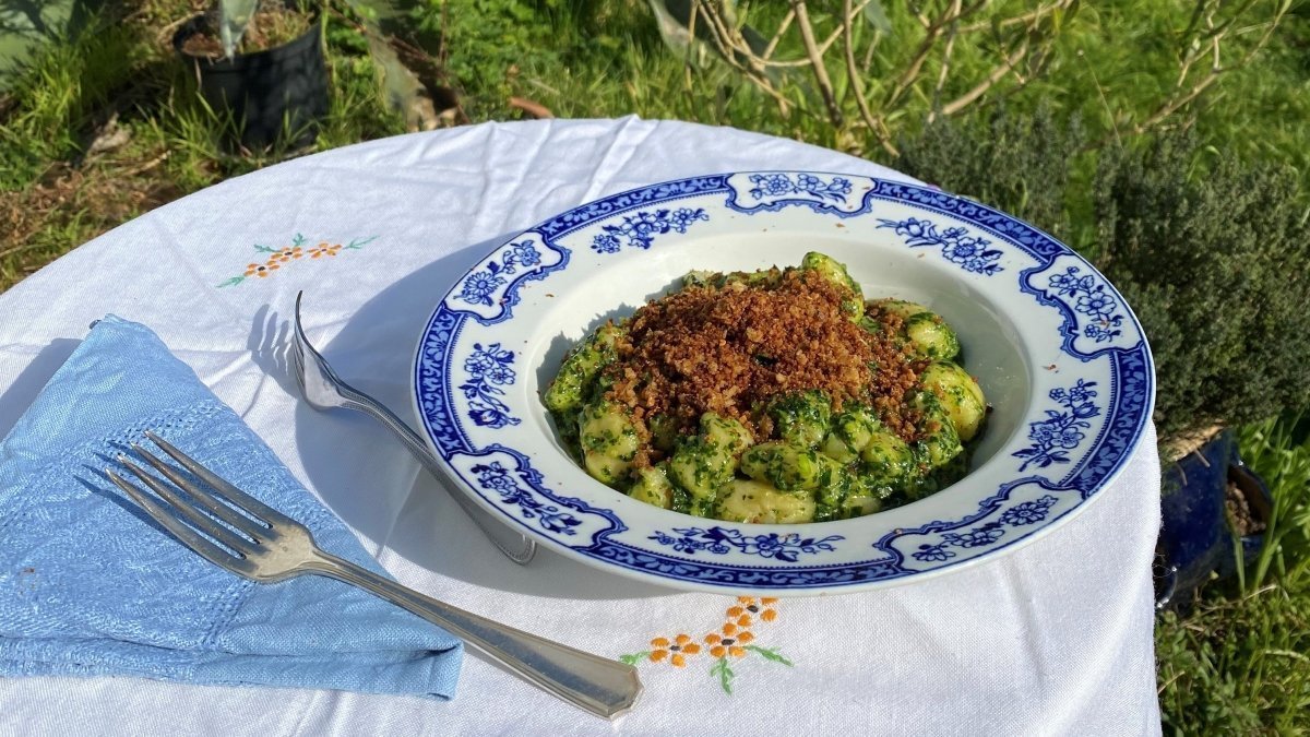 Gnocchi with Wild Garlic Pesto and Anchovy Pangrattato