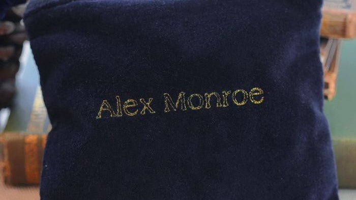 Blue Velvet Travel Pouch for Jewellery made for Alex Monroe by Helen Round with embroidery by Emma Giacalone