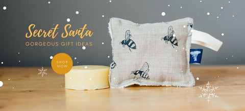 Secret Santa Gifts from Helen Round photograph features Bee Reusage Eco Sponge and organic soap
