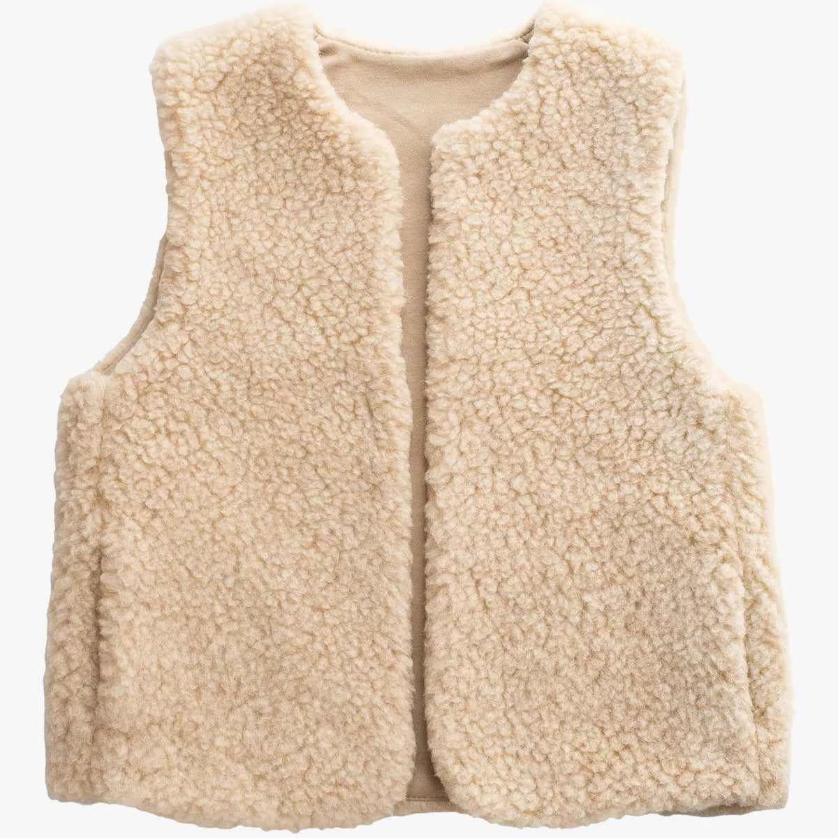 A cream-colored Merino wool gilet vest sold by Helen Round