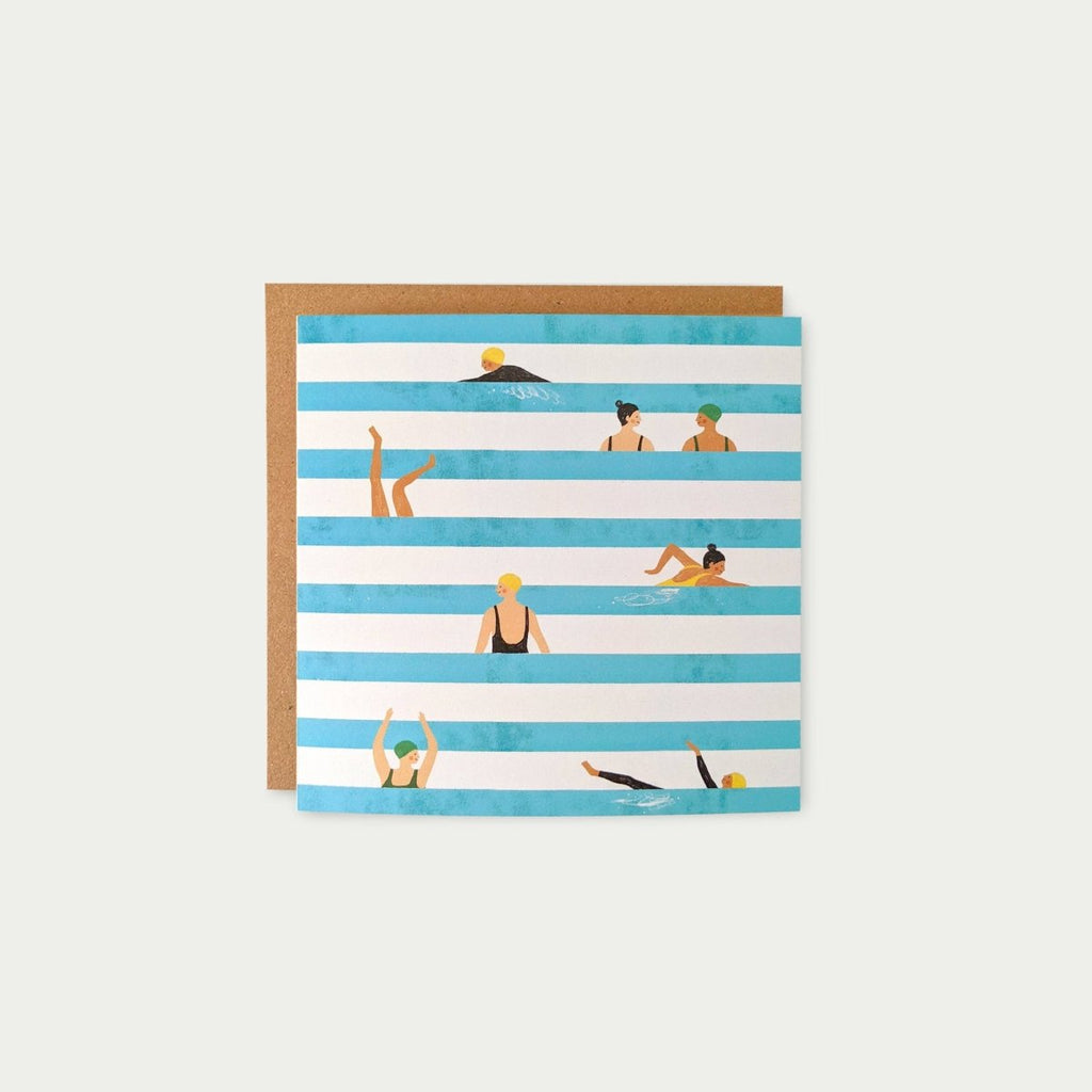 Card with beach scene illustration on blue and white striped background sold by Helen Round