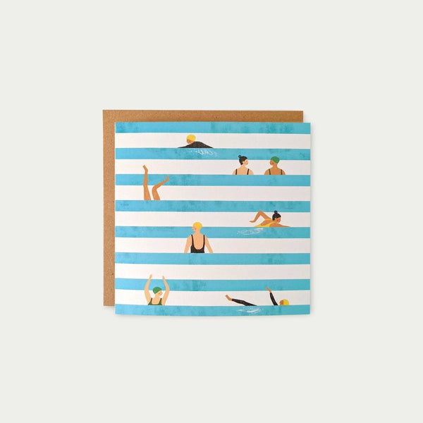 Card with beach scene illustration on blue and white striped background sold by Helen Round