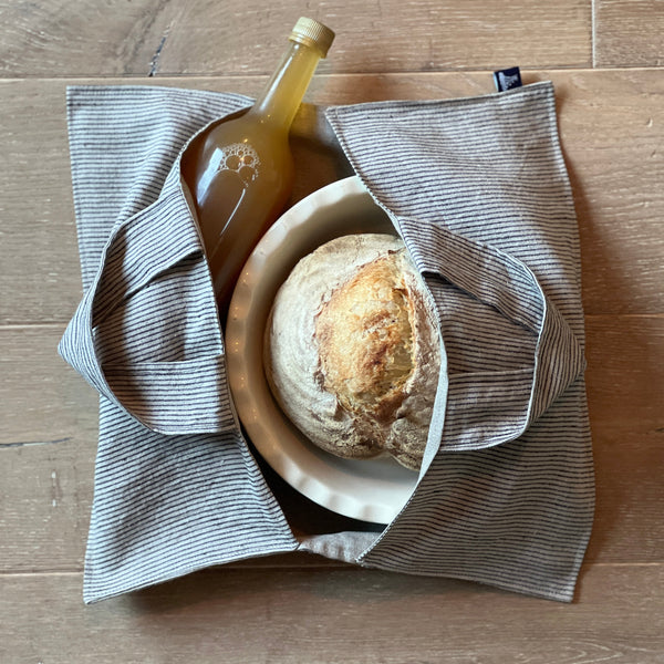 Striped Linen Tote Bag containing a bottle of Apple Juice and Sourdough Bread - Helen Round