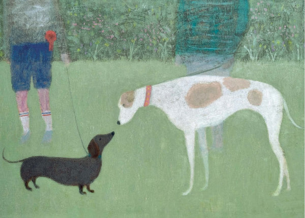 An impressionistic painting depicting a person in blue shorts holding leashes next to two dogs on a green lawn: a black dachshund and a white and tan greyhound.