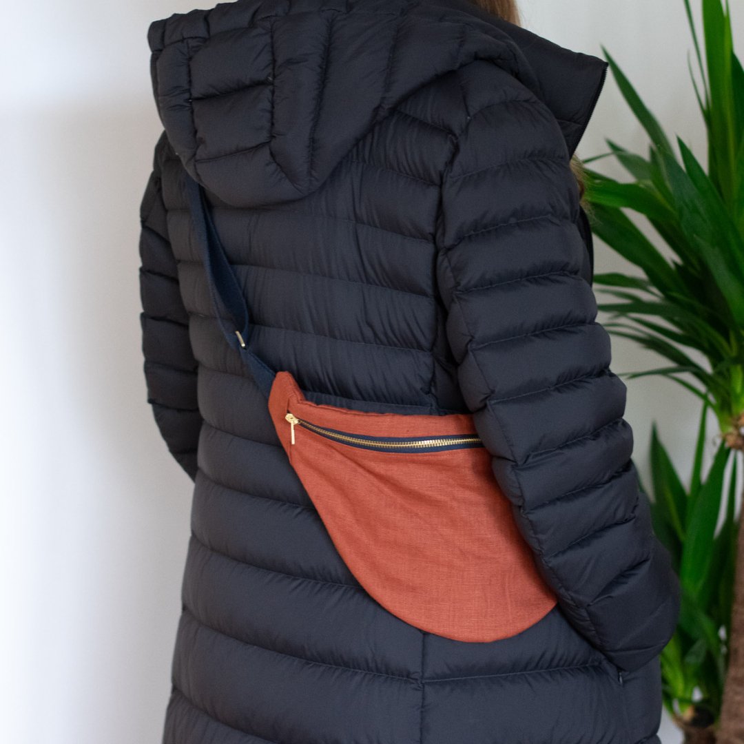 Rust Coloured Linen Cross Body Bag with Zip, and adjustable woven strap from Helen Round