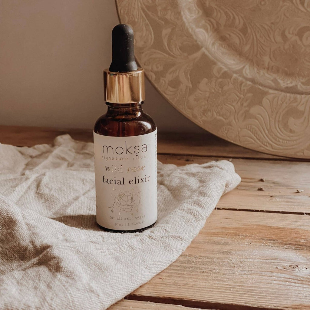 Moksa wild rose facial elixir sold by Helen Round