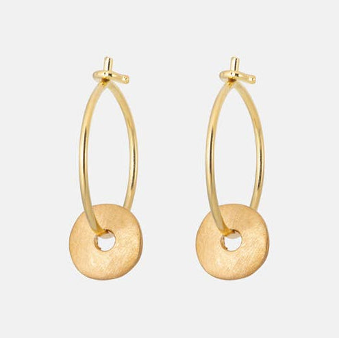 Pair of gold hoop earrings on a white background