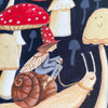 Illustration of a person riding a snail among mushrooms with a dark background