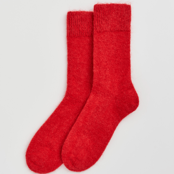 Pair of red socks on a light gray background