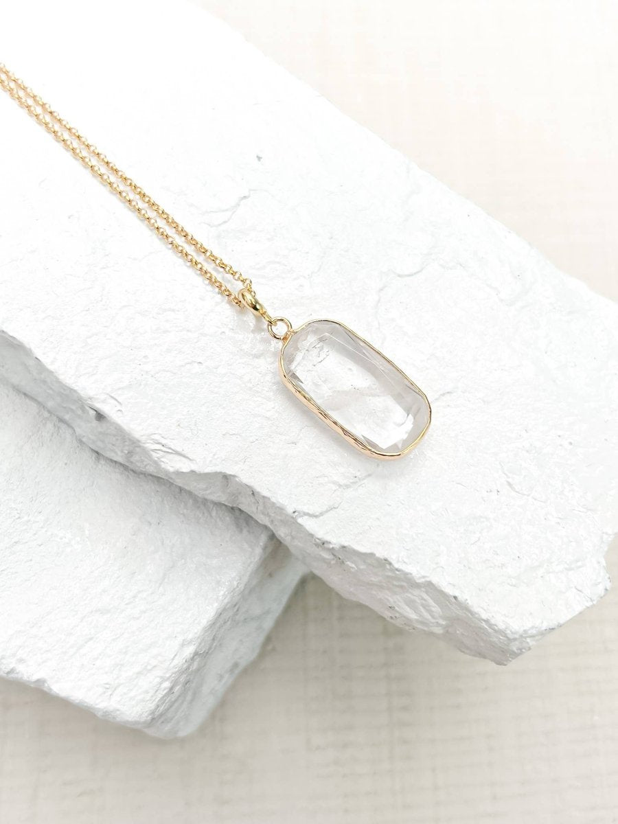 Quartz Rectangle Drop Necklace  on a marble surface sold by Helen Round