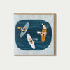 Illustration of people in kayaks on a blue background with a wooden frame. Sold by Helen Round