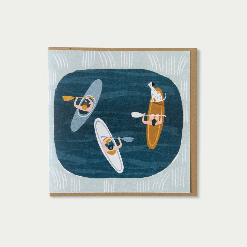 Illustration of people in kayaks on a blue background with a wooden frame. Sold by Helen Round